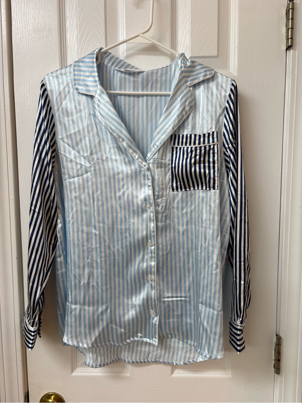 BB Dakota Striped Satin Button-Down Blouse in Light Blue and Navy